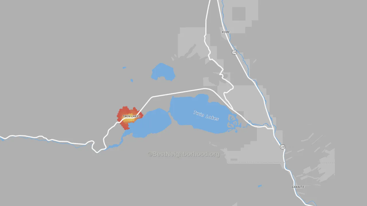 Walk Grade map of Twin Lakes, CO, walkable areas in green and car-dependent areas in red