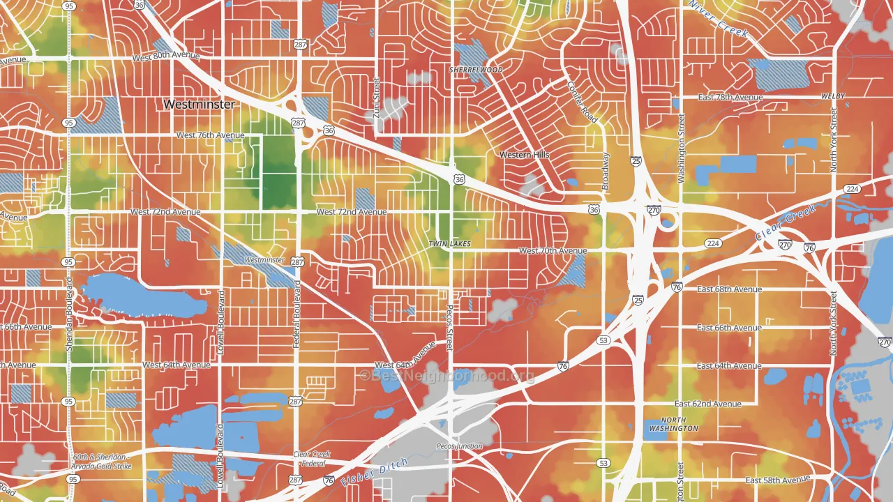 Walk Grade map of Twin Lakes, Denver, CO, walkable areas in green and car-dependent areas in red