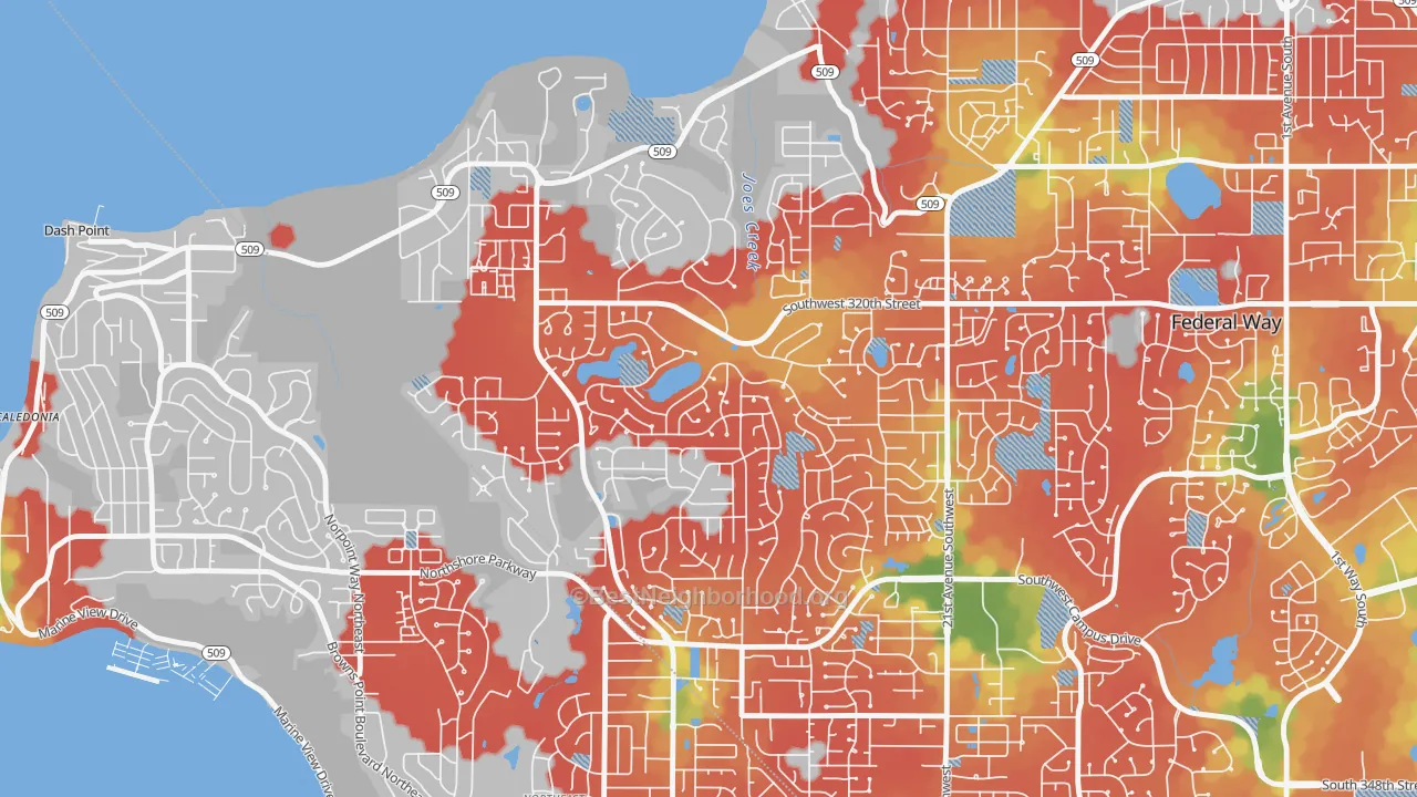 Walk Grade map of Twin Lakes, Federal Way, WA, walkable areas in green and car-dependent areas in red
