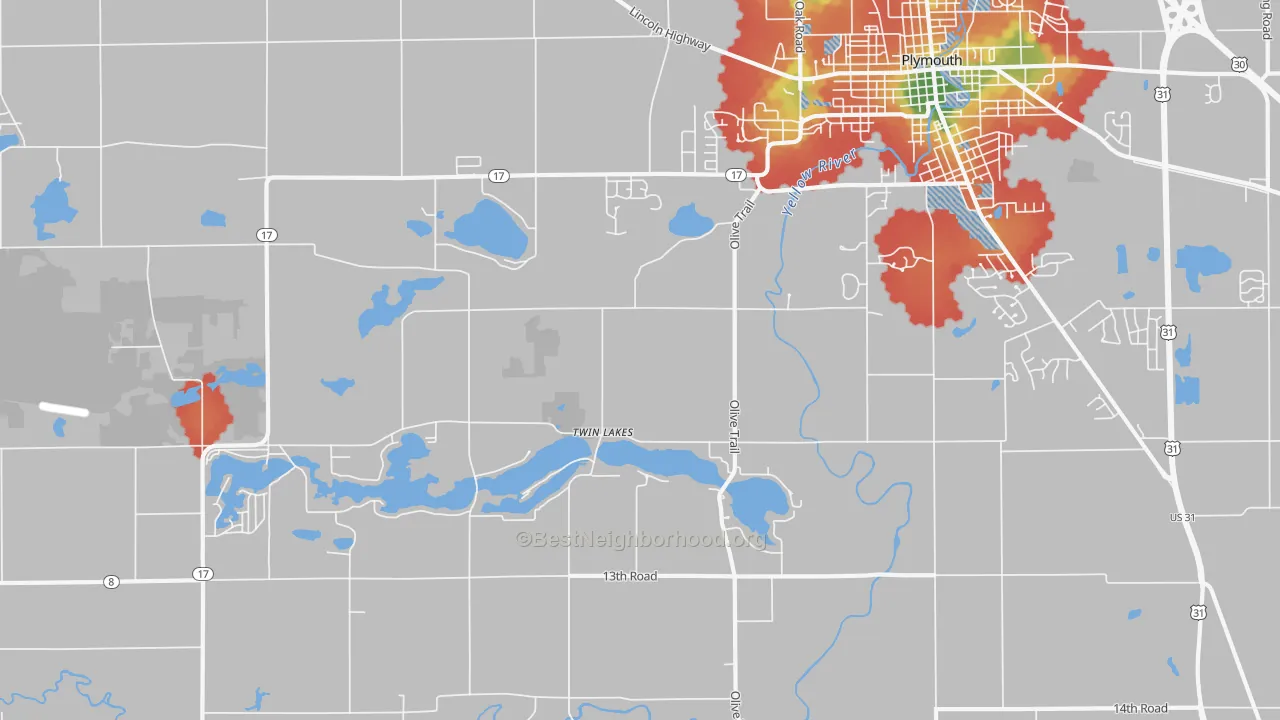 Walk Grade map of Twin Lakes, IN, walkable areas in green and car-dependent areas in red