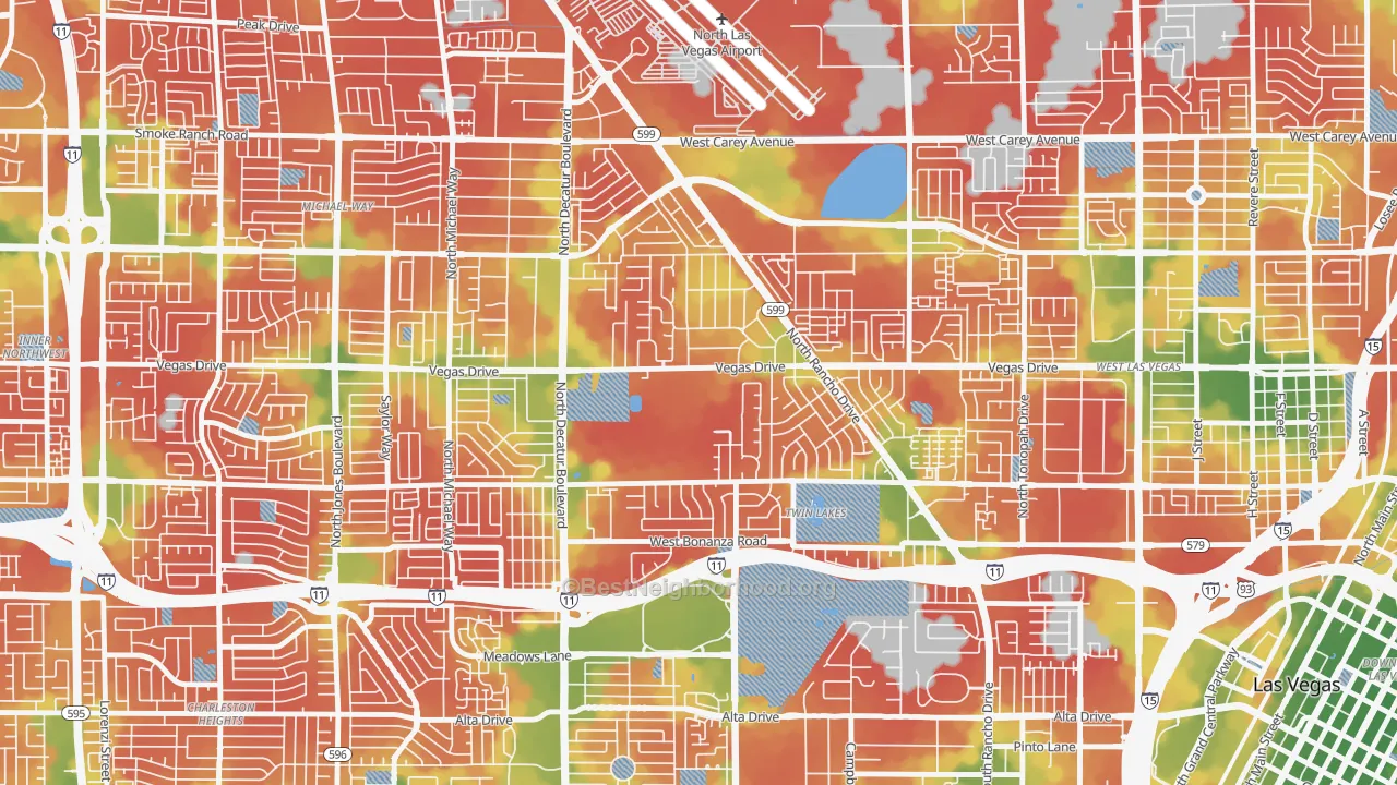 Walk Grade map of Twin Lakes, Las Vegas, NV, walkable areas in green and car-dependent areas in red