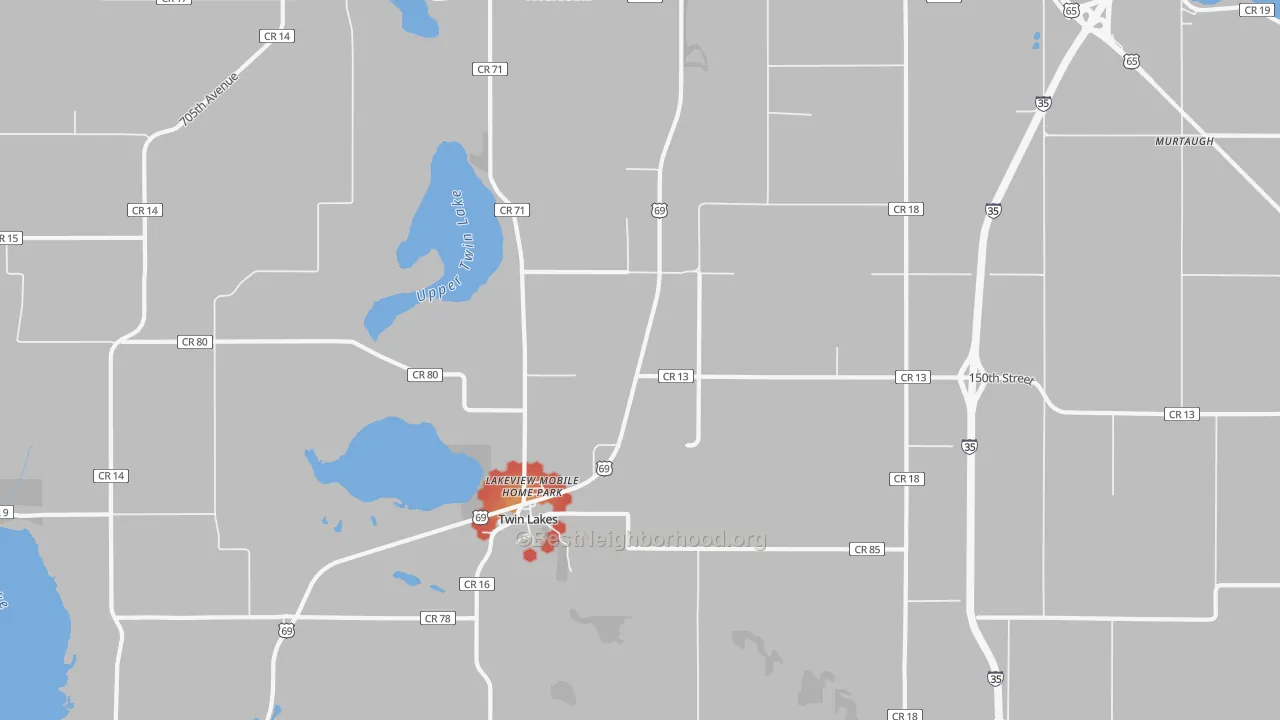 Walk Grade map of Twin Lakes, MN, walkable areas in green and car-dependent areas in red