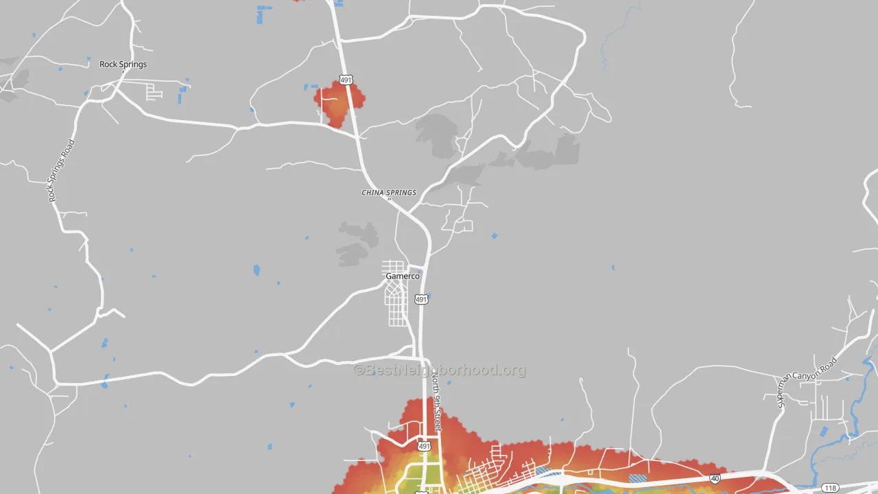Walk Grade map of Twin Lakes, NM, walkable areas in green and car-dependent areas in red
