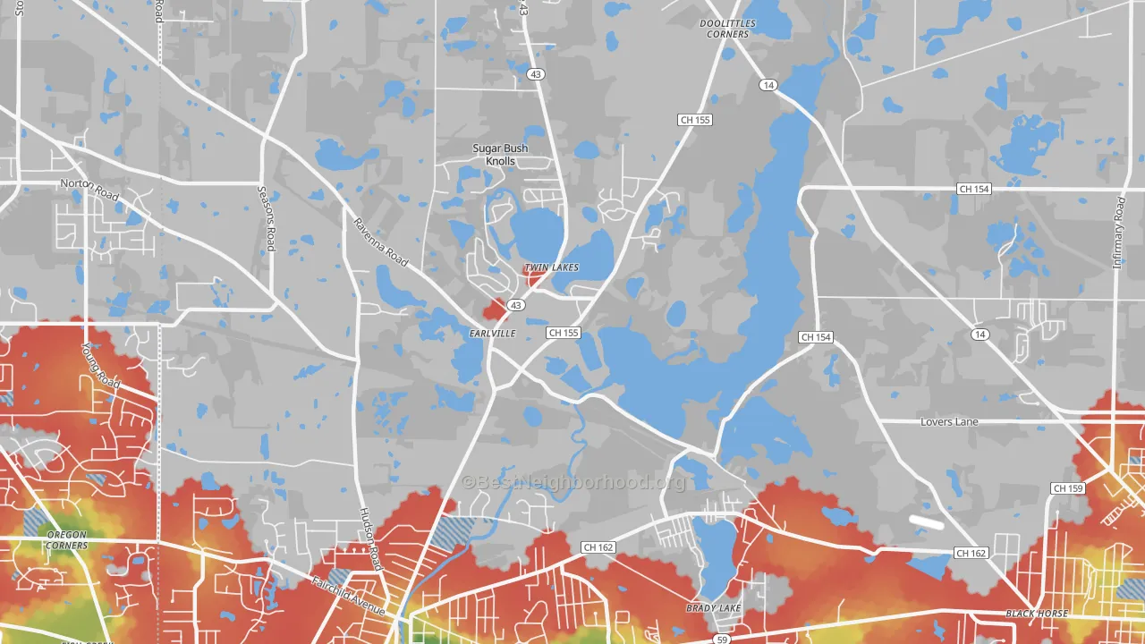 Walk Grade map of Twin Lakes, OH, walkable areas in green and car-dependent areas in red