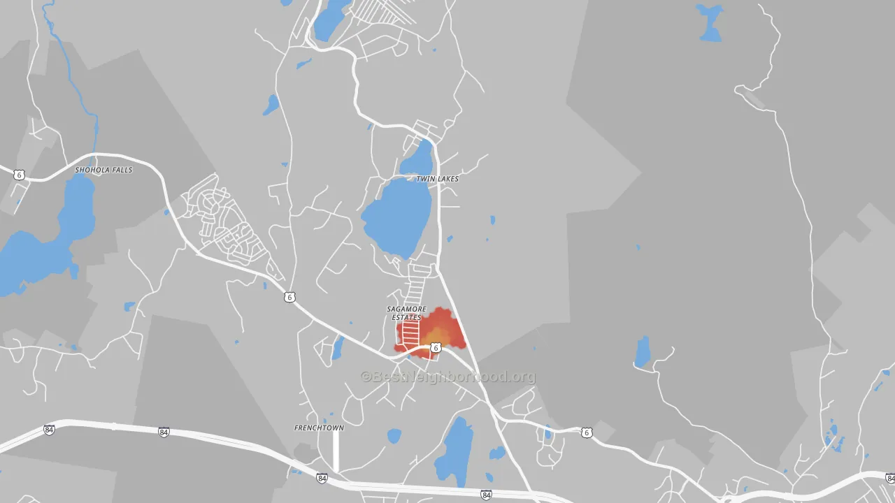 Walk Grade map of Twin Lakes, PA, walkable areas in green and car-dependent areas in red