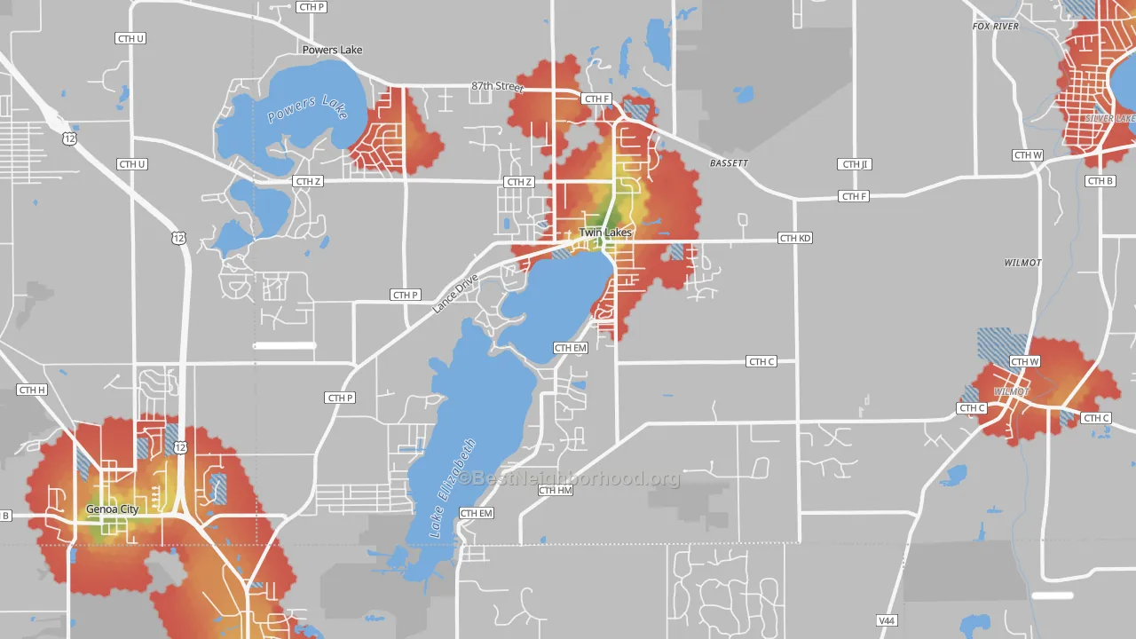 Walk Grade map of Twin Lakes, WI, walkable areas in green and car-dependent areas in red