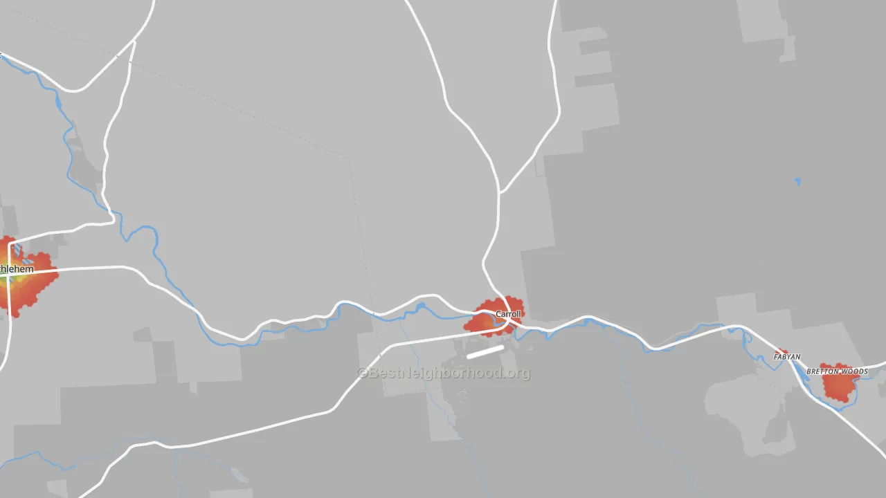 Walk Grade map of Twin Mountain, NH, walkable areas in green and car-dependent areas in red