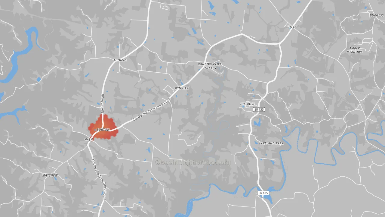 Walk Grade map of Twin Oak, TN, walkable areas in green and car-dependent areas in red