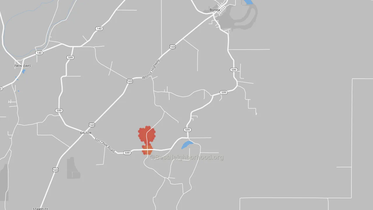 Walk Grade map of Twin Oaks, LA, walkable areas in green and car-dependent areas in red