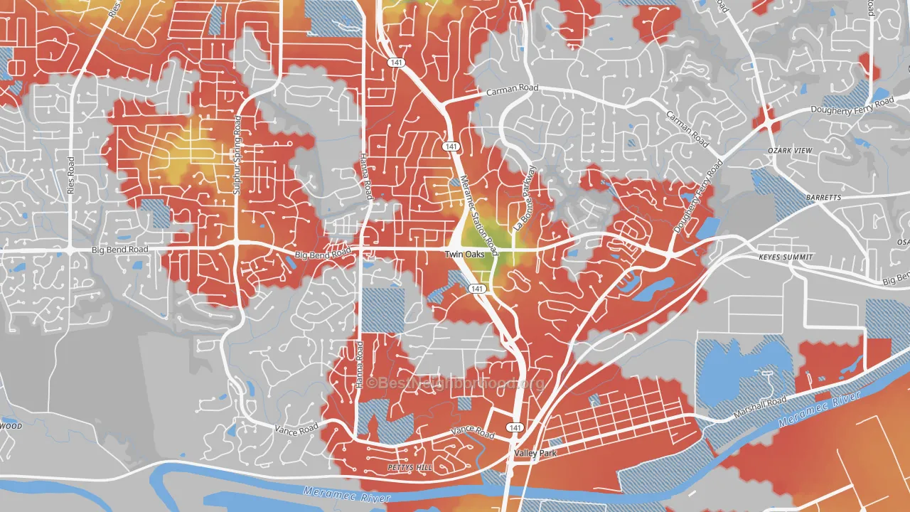 Walk Grade map of Twin Oaks, MO, walkable areas in green and car-dependent areas in red