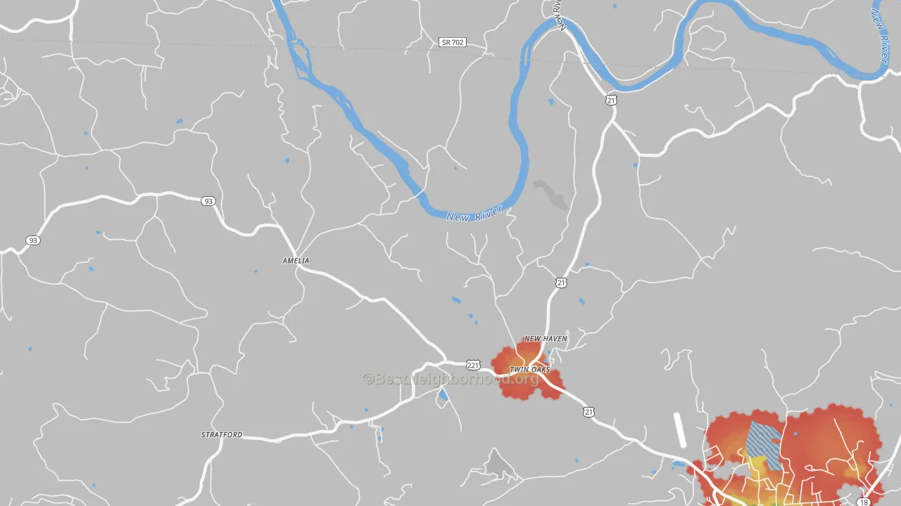 Walk Grade map of Twin Oaks, NC, walkable areas in green and car-dependent areas in red