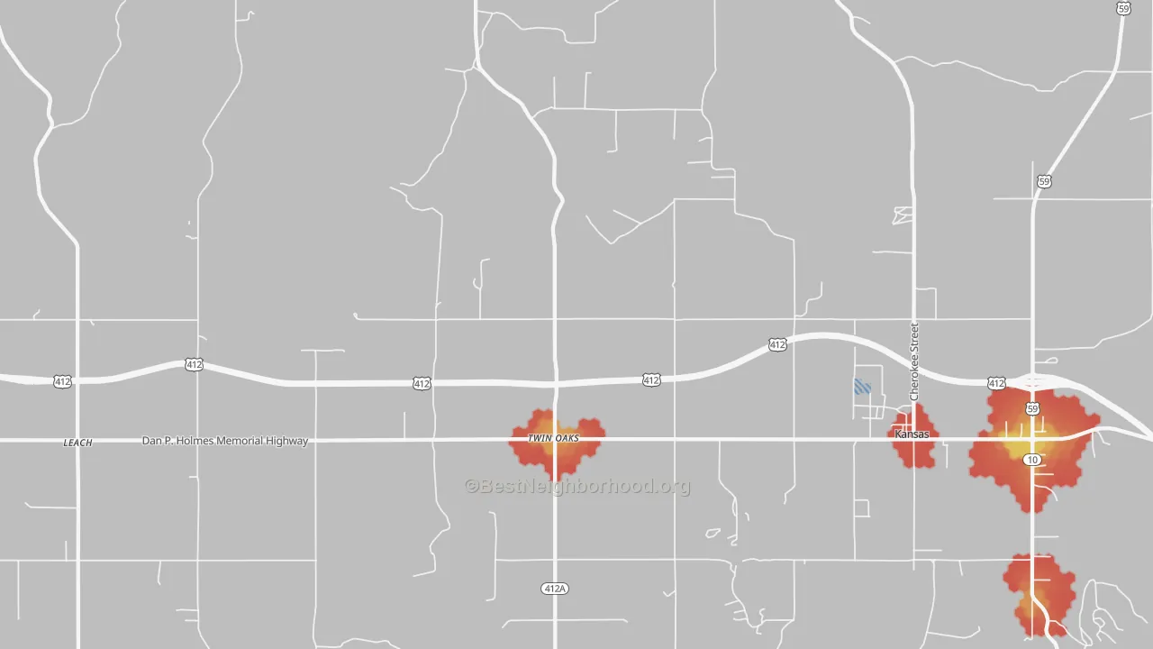 Walk Grade map of Twin Oaks, OK, walkable areas in green and car-dependent areas in red