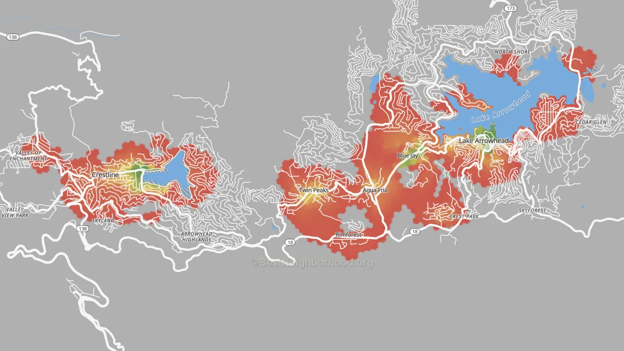 Walk Grade map of Twin Peaks, CA, walkable areas in green and car-dependent areas in red
