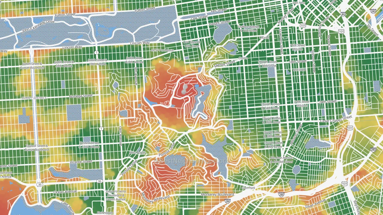 Walk Grade map of Twin Peaks, San Francisco, CA, walkable areas in green and car-dependent areas in red