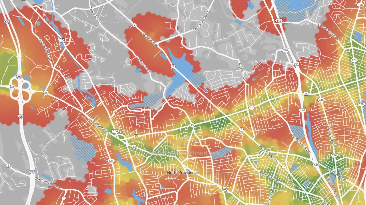 Walk Grade map of Twin Rivers Beach, Providence, RI, walkable areas in green and car-dependent areas in red