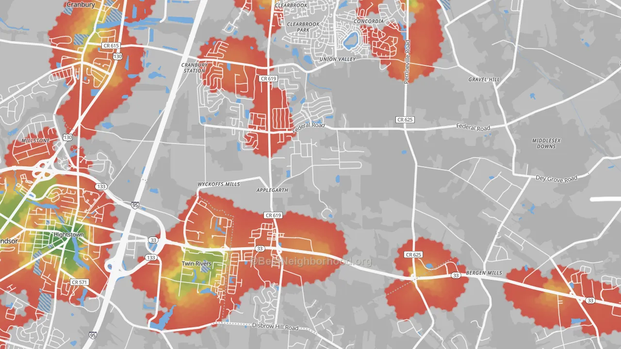 Walk Grade map of Twin Rivers, NJ, walkable areas in green and car-dependent areas in red