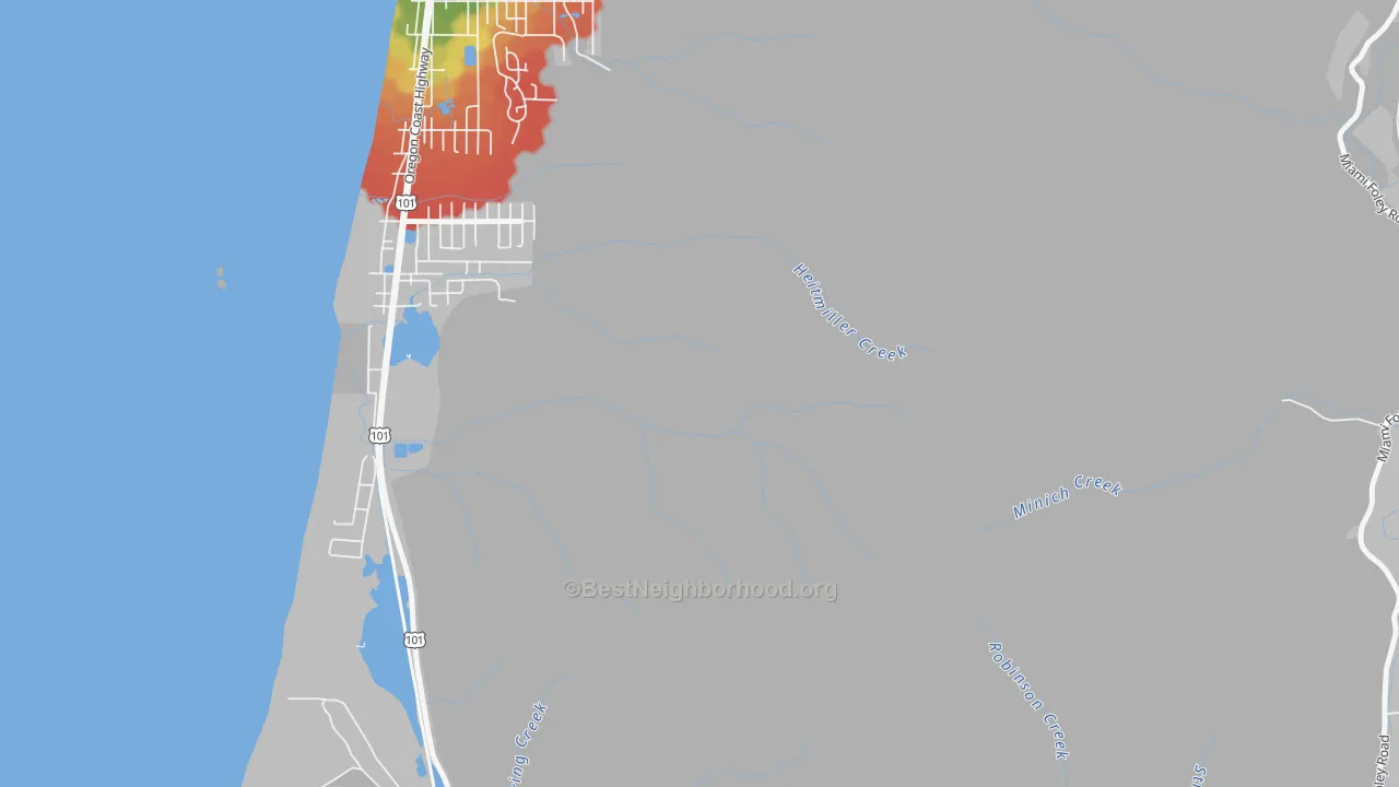 Walk Grade map of Twin Rocks, OR, walkable areas in green and car-dependent areas in red