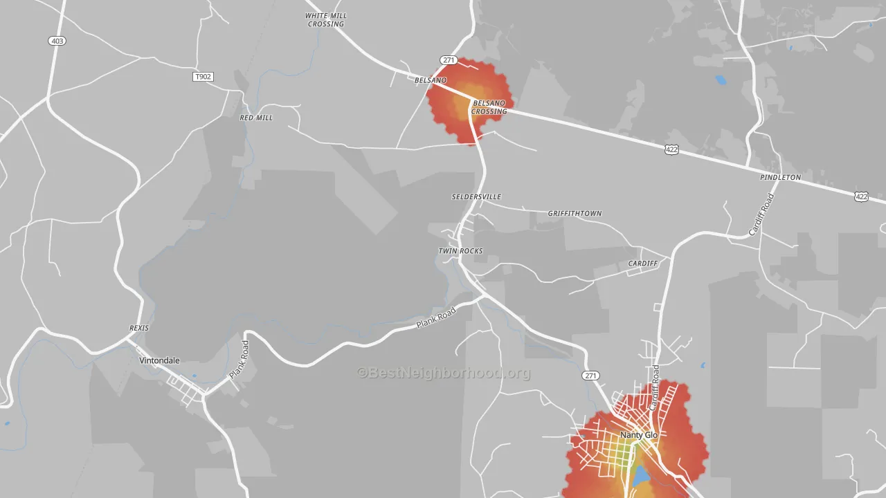 Walk Grade map of Twin Rocks, PA, walkable areas in green and car-dependent areas in red