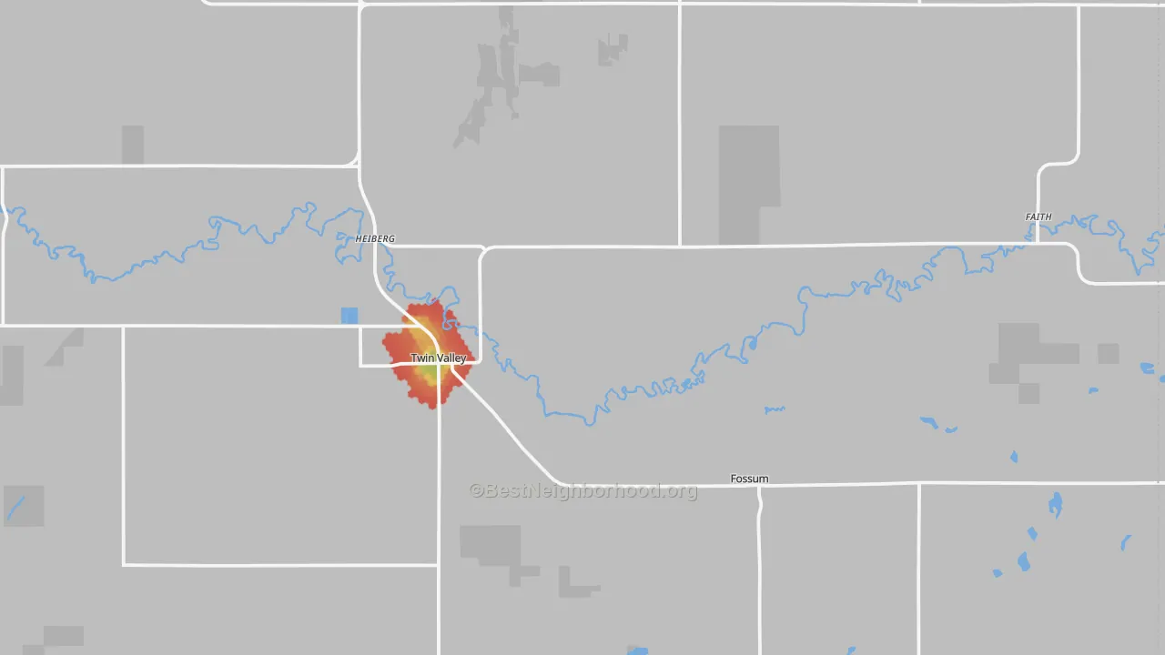 Walk Grade map of Twin Valley, MN, walkable areas in green and car-dependent areas in red