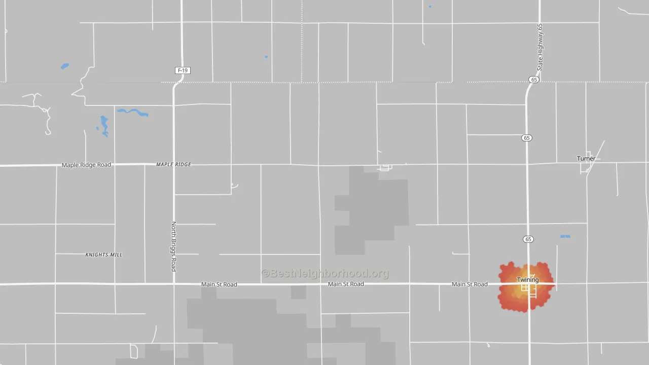 Walk Grade map of Twining, MI, walkable areas in green and car-dependent areas in red