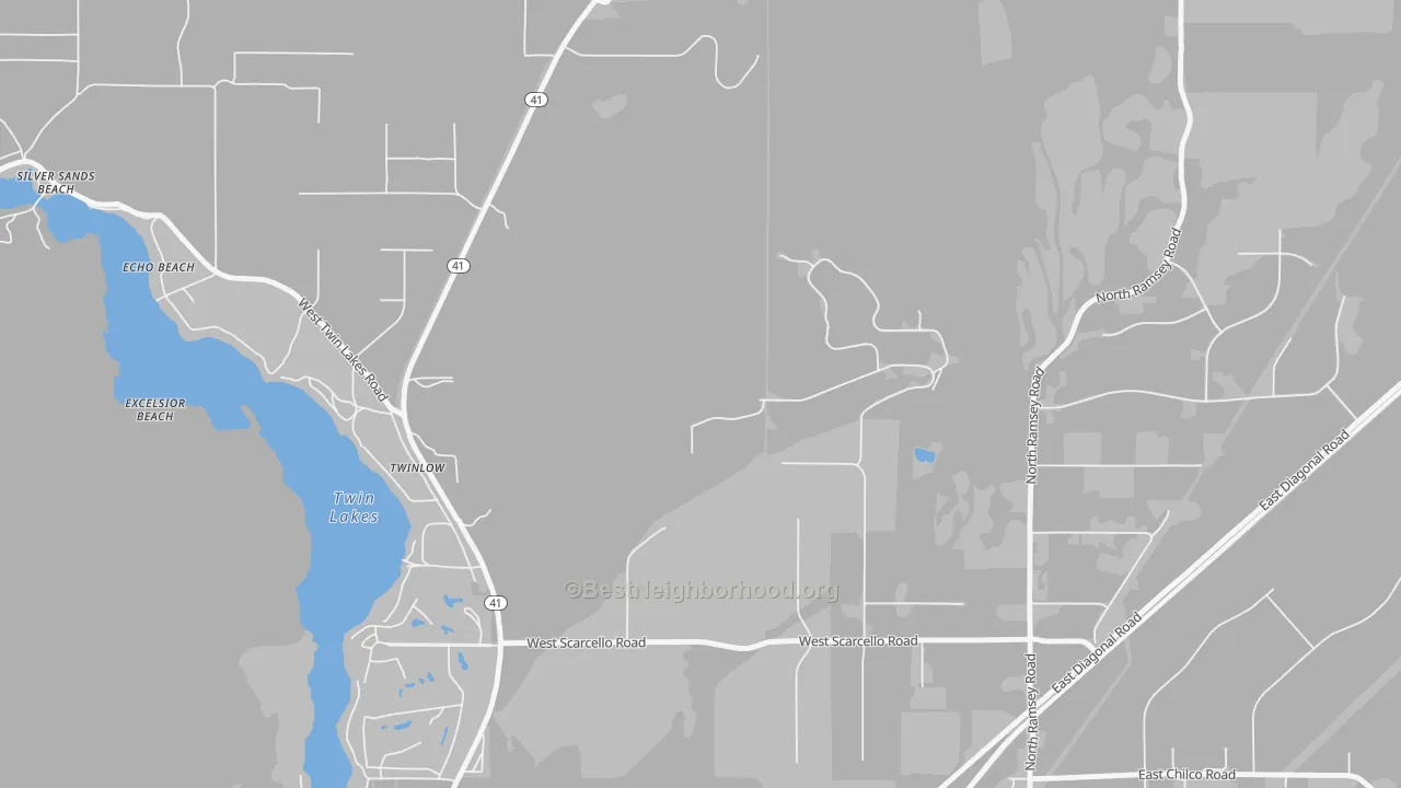 Walk Grade map of Twinlow, ID, walkable areas in green and car-dependent areas in red
