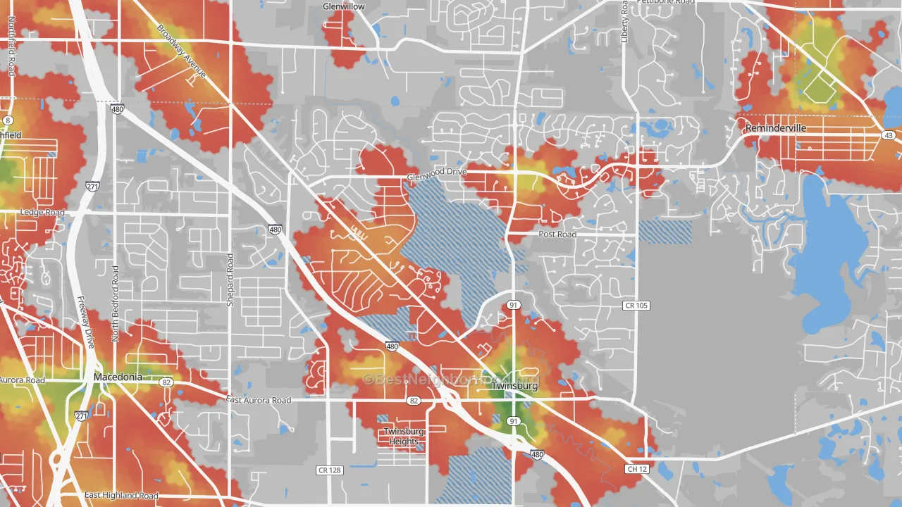 Walk Grade map of Twinsburg, OH, walkable areas in green and car-dependent areas in red