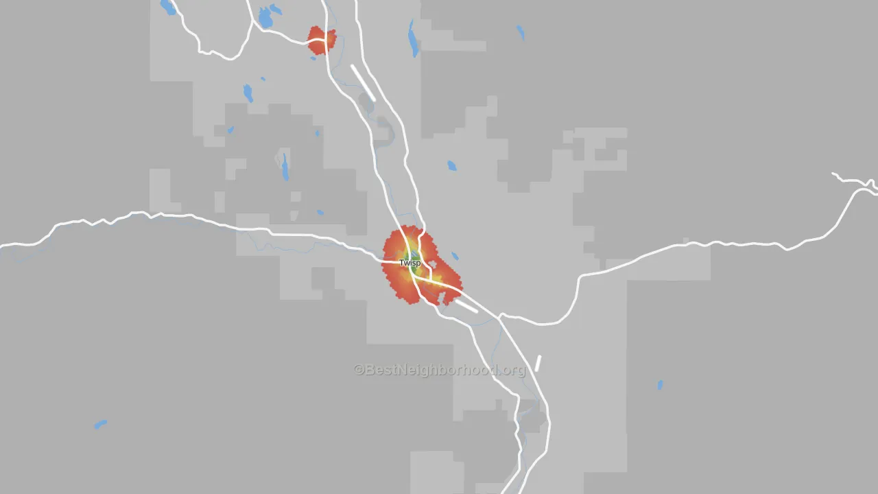 Walk Grade map of Twisp, WA, walkable areas in green and car-dependent areas in red