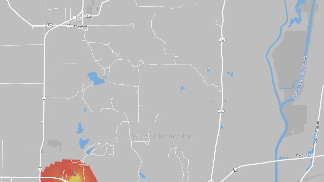 Walk Grade map of Twist, AR, walkable areas in green and car-dependent areas in red
