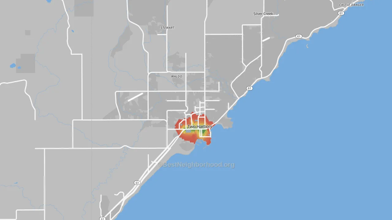 Walk Grade map of Two Harbors, MN, walkable areas in green and car-dependent areas in red