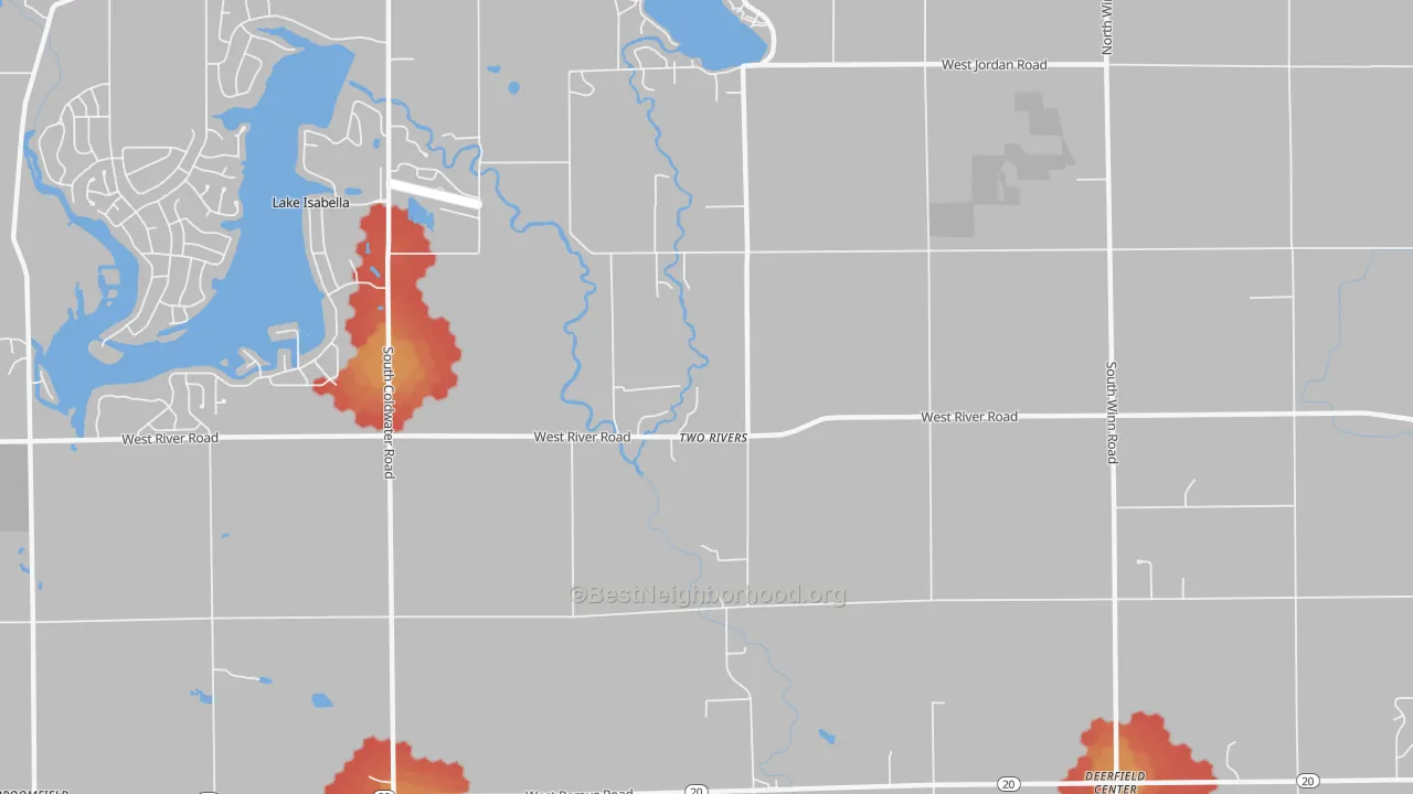 Walk Grade map of Two Rivers, MI, walkable areas in green and car-dependent areas in red
