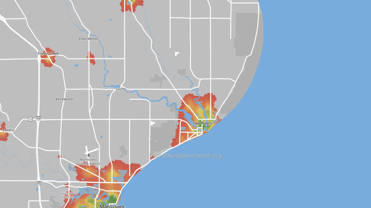 Walk Grade map of Two Rivers, WI, walkable areas in green and car-dependent areas in red