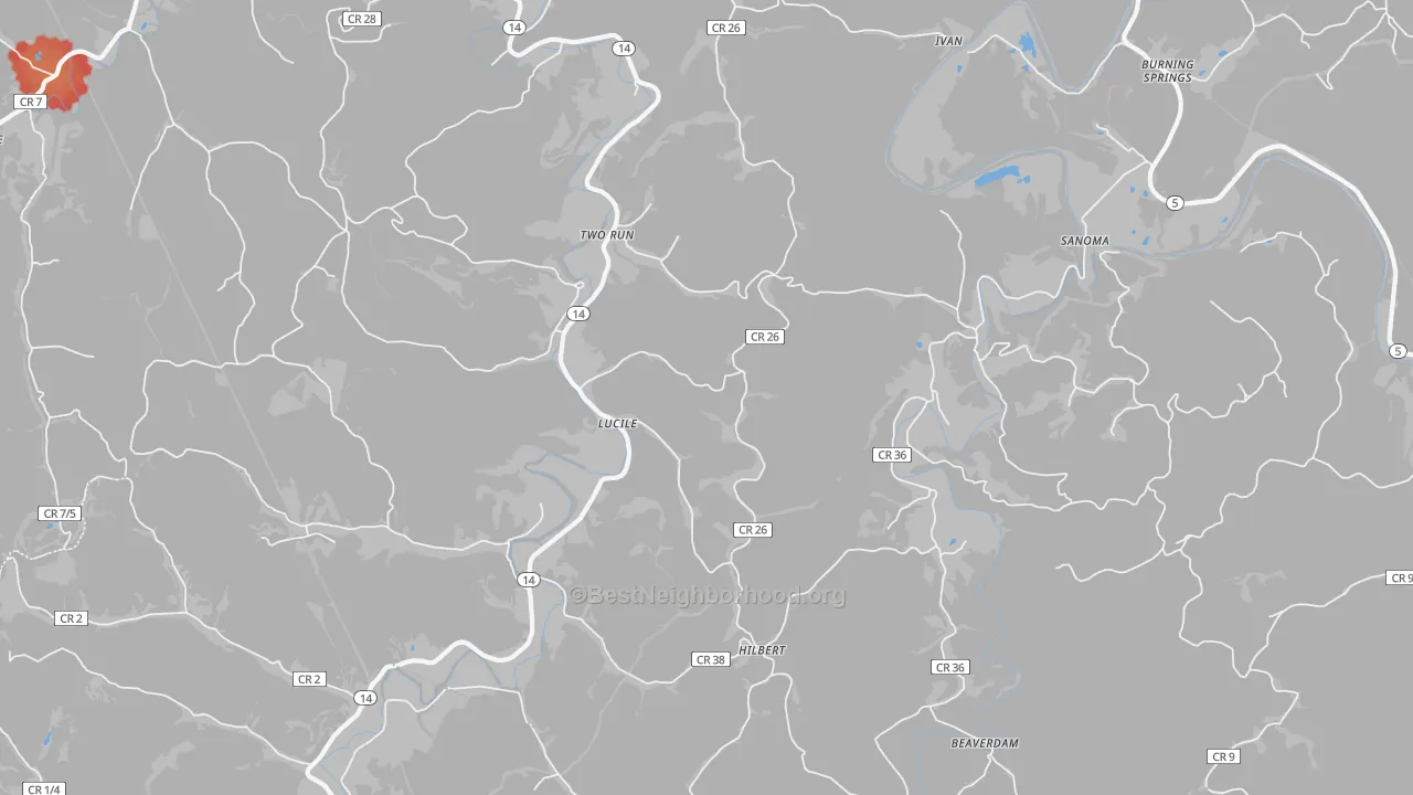 Walk Grade map of Two Run, WV, walkable areas in green and car-dependent areas in red