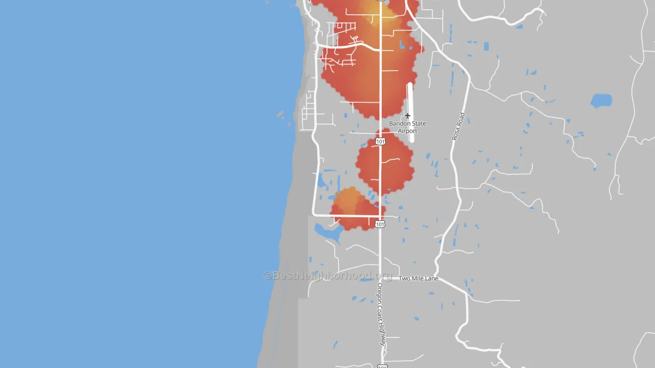 Walk Grade map of Twomile, OR, walkable areas in green and car-dependent areas in red