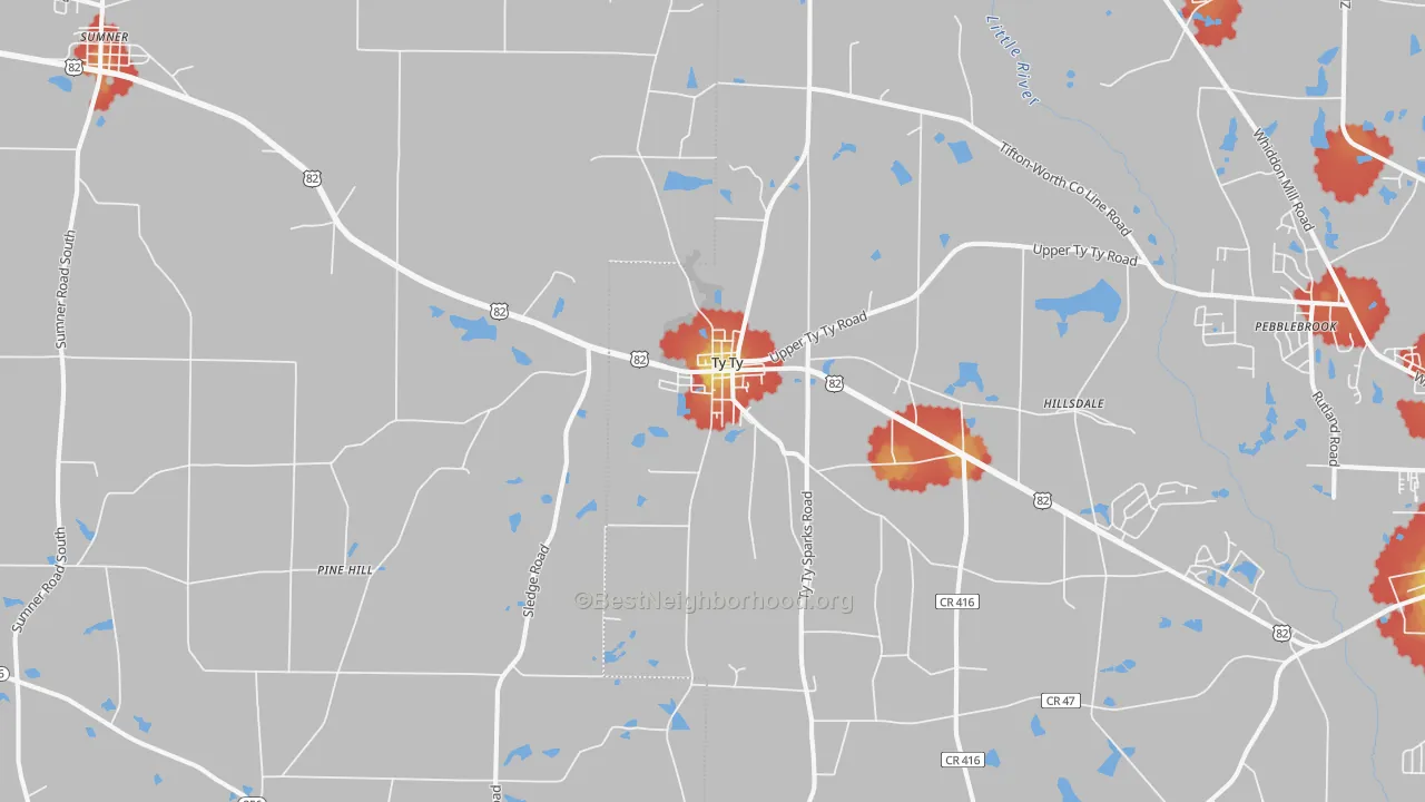 Walk Grade map of Ty Ty, GA, walkable areas in green and car-dependent areas in red