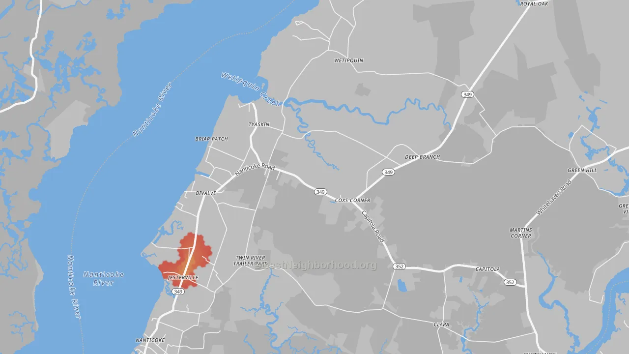Walk Grade map of Tyaskin, MD, walkable areas in green and car-dependent areas in red