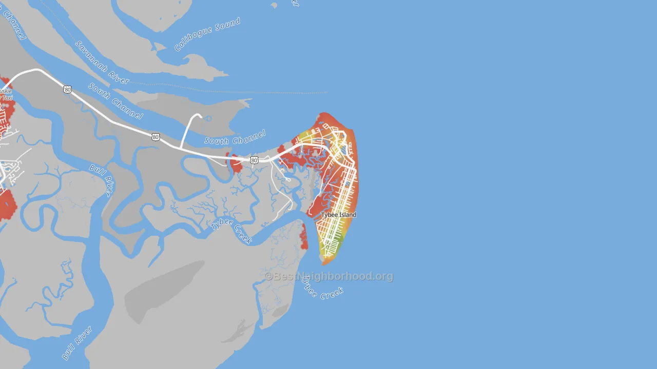Walk Grade map of Tybee Island, GA, walkable areas in green and car-dependent areas in red