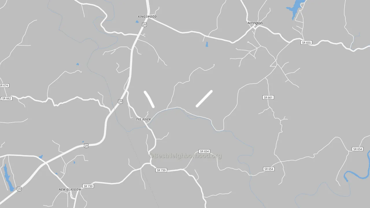 Walk Grade map of Tye River, VA, walkable areas in green and car-dependent areas in red