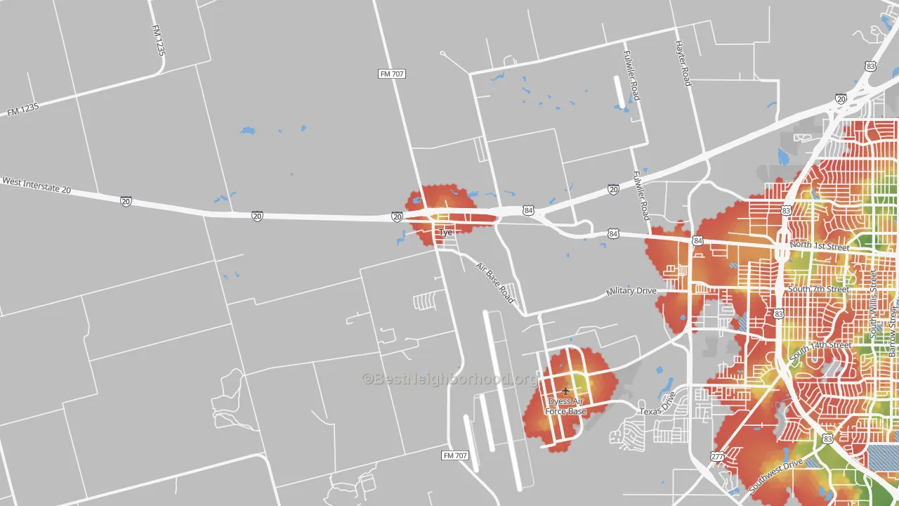Walk Grade map of Tye, TX, walkable areas in green and car-dependent areas in red