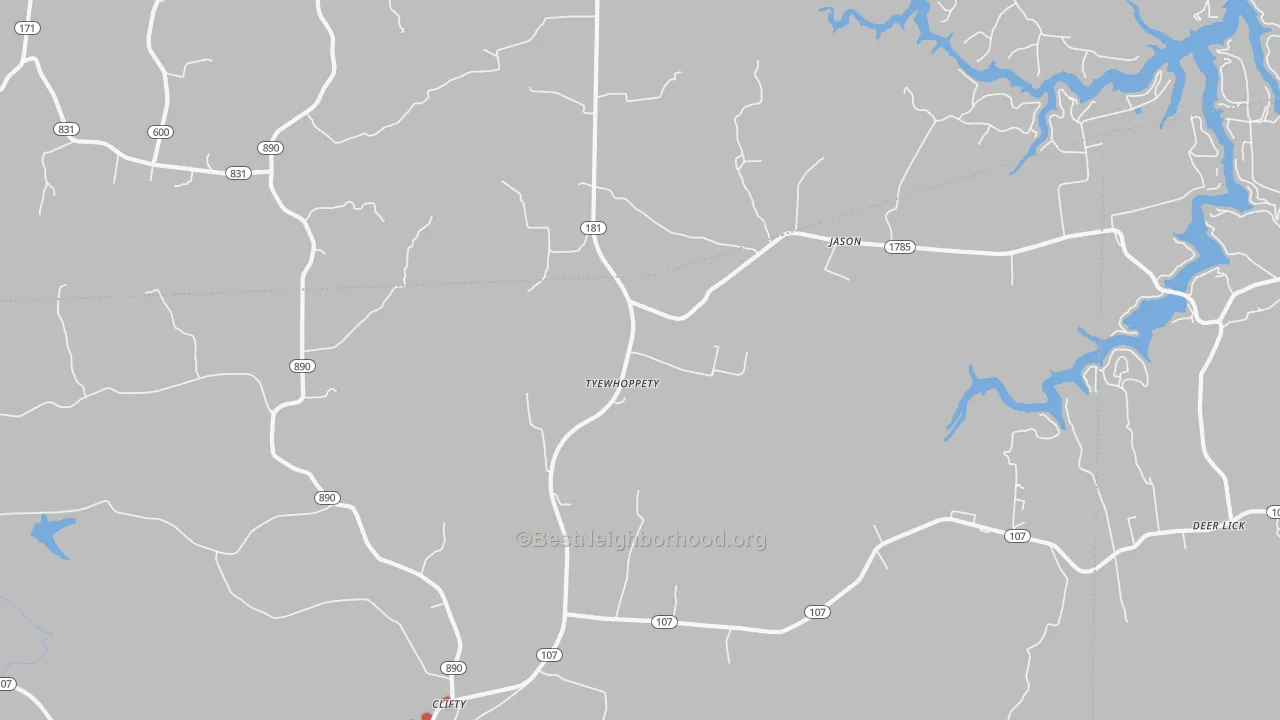 Walk Grade map of Tyewhoppety, KY, walkable areas in green and car-dependent areas in red