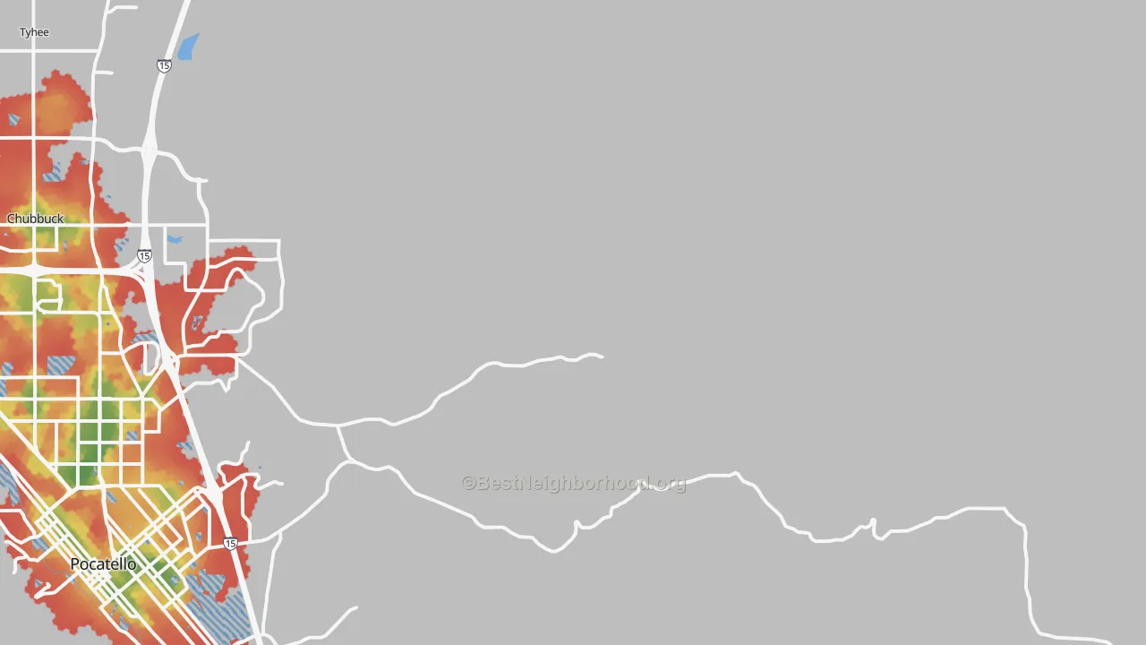 Walk Grade map of Tyhee, ID, walkable areas in green and car-dependent areas in red