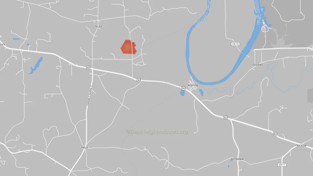 Walk Grade map of Tyler, AL, walkable areas in green and car-dependent areas in red