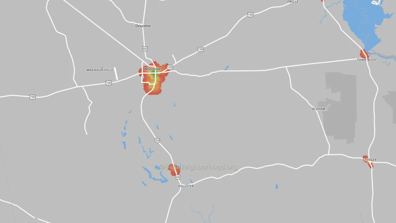 Walk Grade map of Tyler County, TX, walkable areas in green and car-dependent areas in red