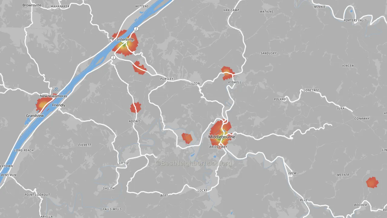 Walk Grade map of Tyler County, WV, walkable areas in green and car-dependent areas in red