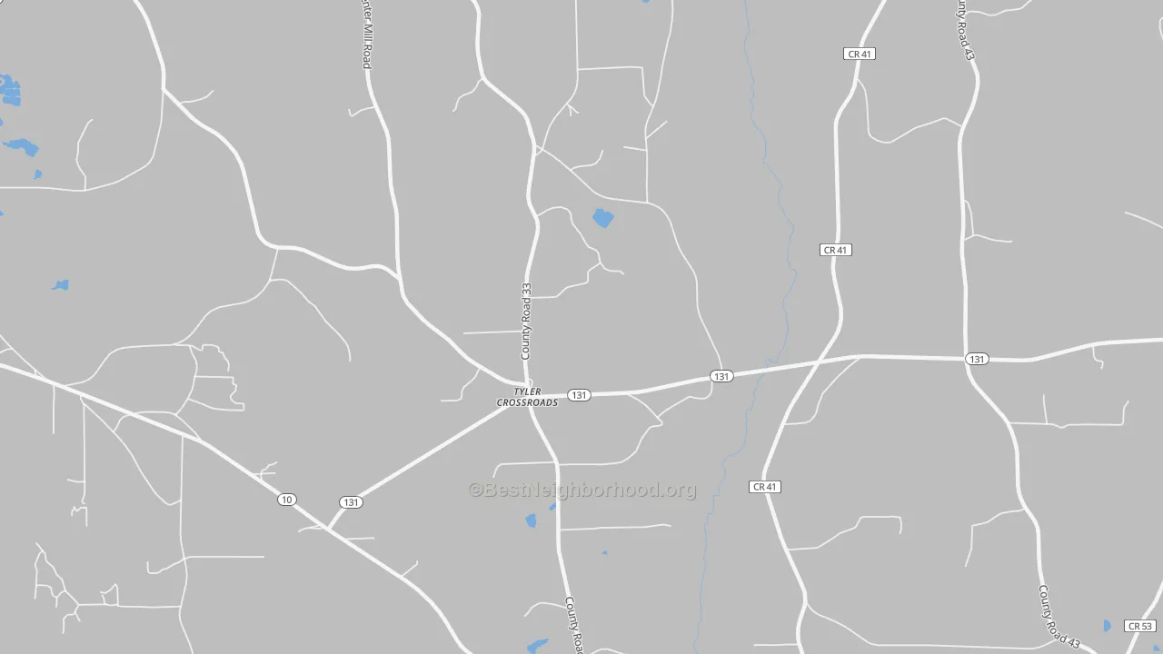 Walk Grade map of Tyler Crossroads, AL, walkable areas in green and car-dependent areas in red