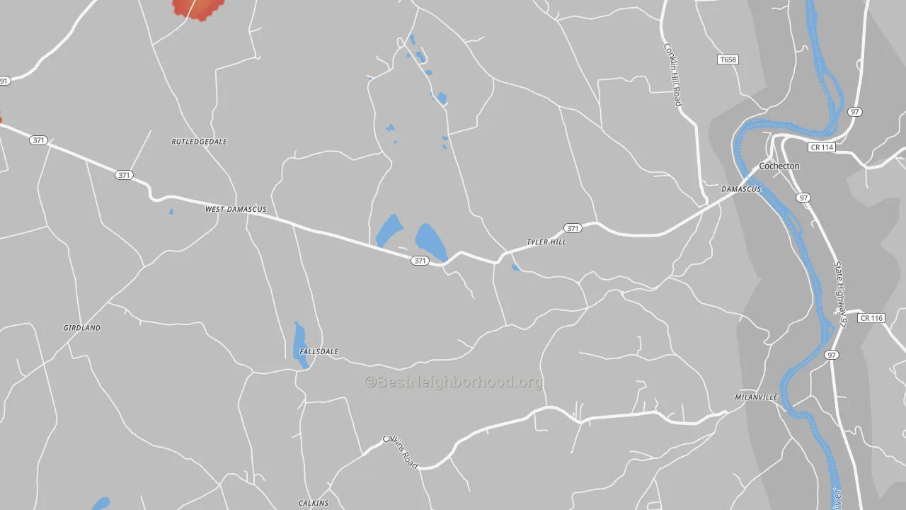 Walk Grade map of Tyler Hill, PA, walkable areas in green and car-dependent areas in red
