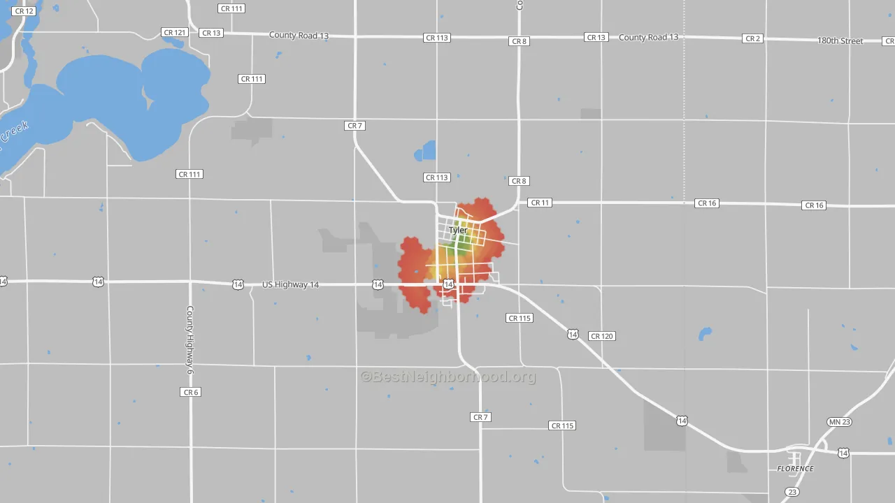 Walk Grade map of Tyler, MN, walkable areas in green and car-dependent areas in red