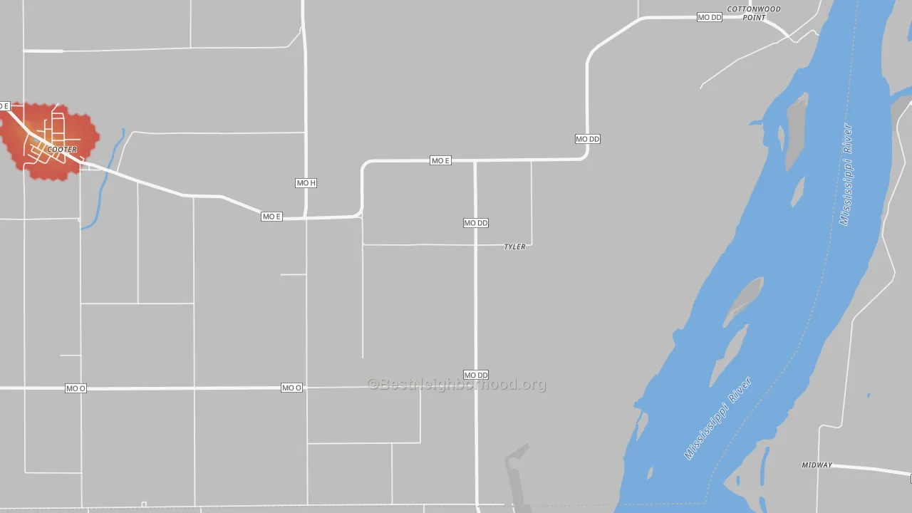 Walk Grade map of Tyler, MO, walkable areas in green and car-dependent areas in red