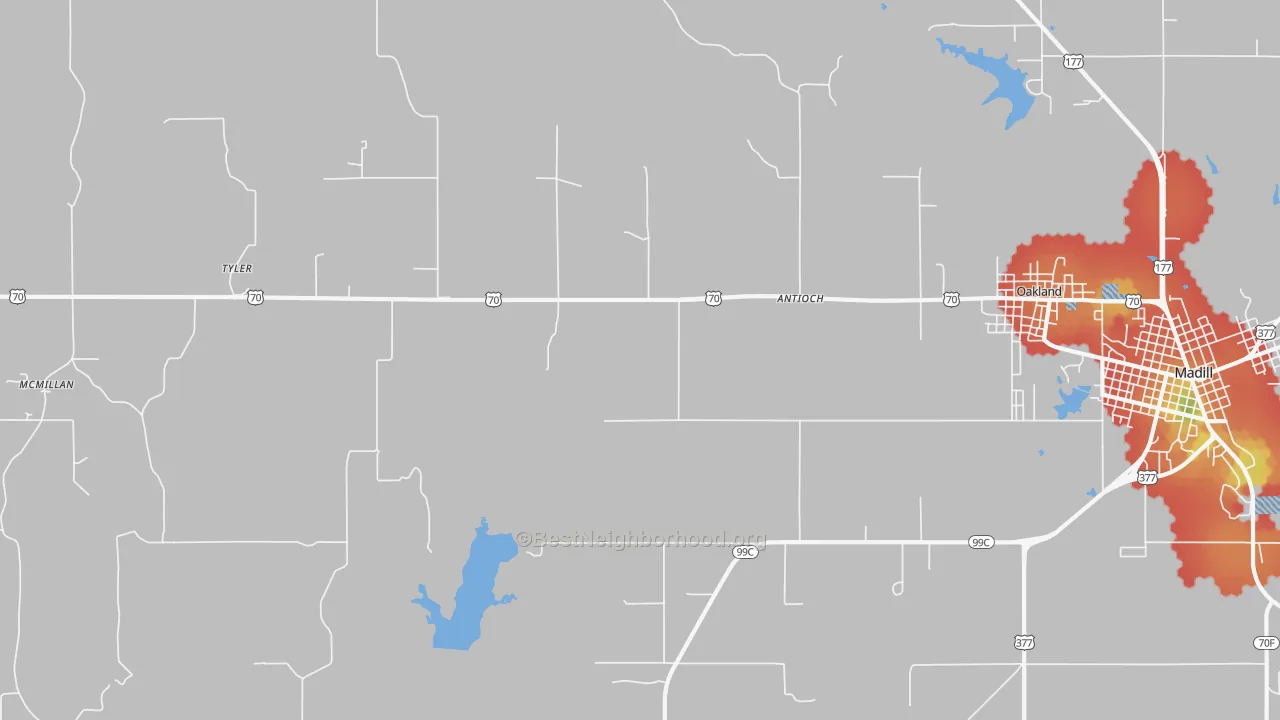 Walk Grade map of Tyler, OK, walkable areas in green and car-dependent areas in red