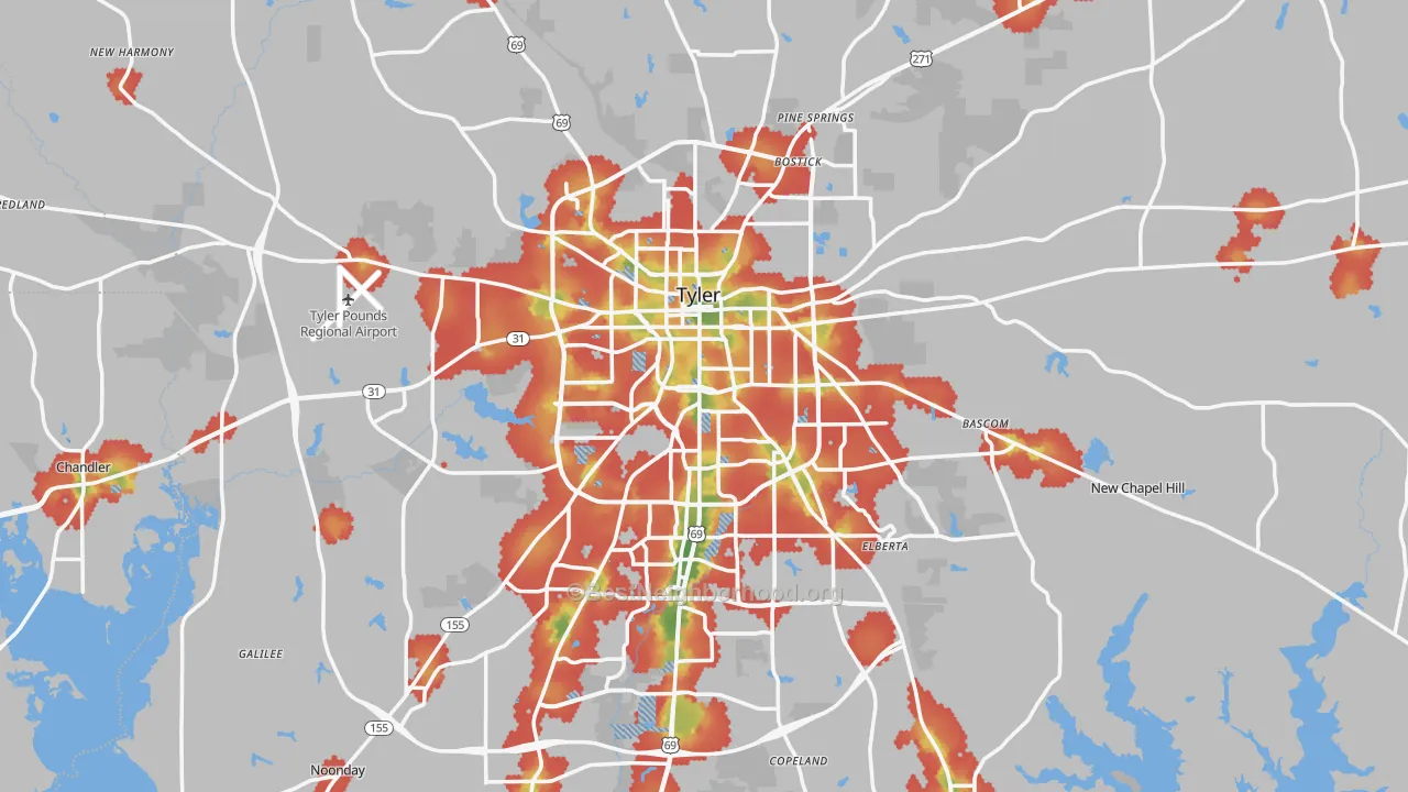 Walk Grade map of Tyler, TX, walkable areas in green and car-dependent areas in red