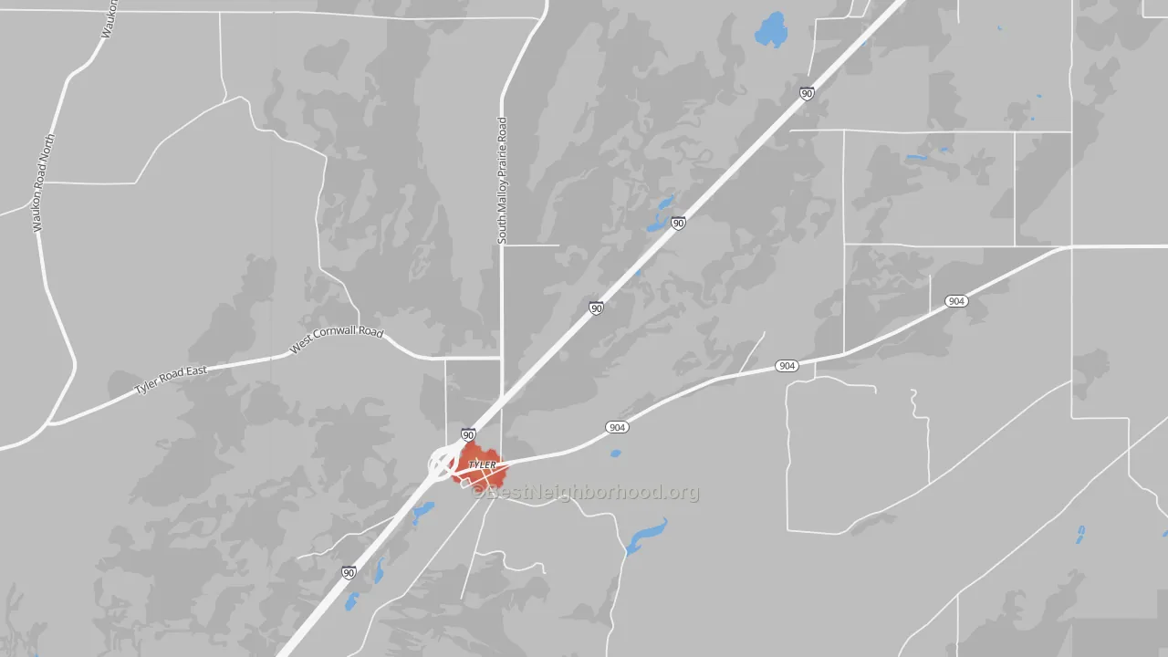 Walk Grade map of Tyler, WA, walkable areas in green and car-dependent areas in red